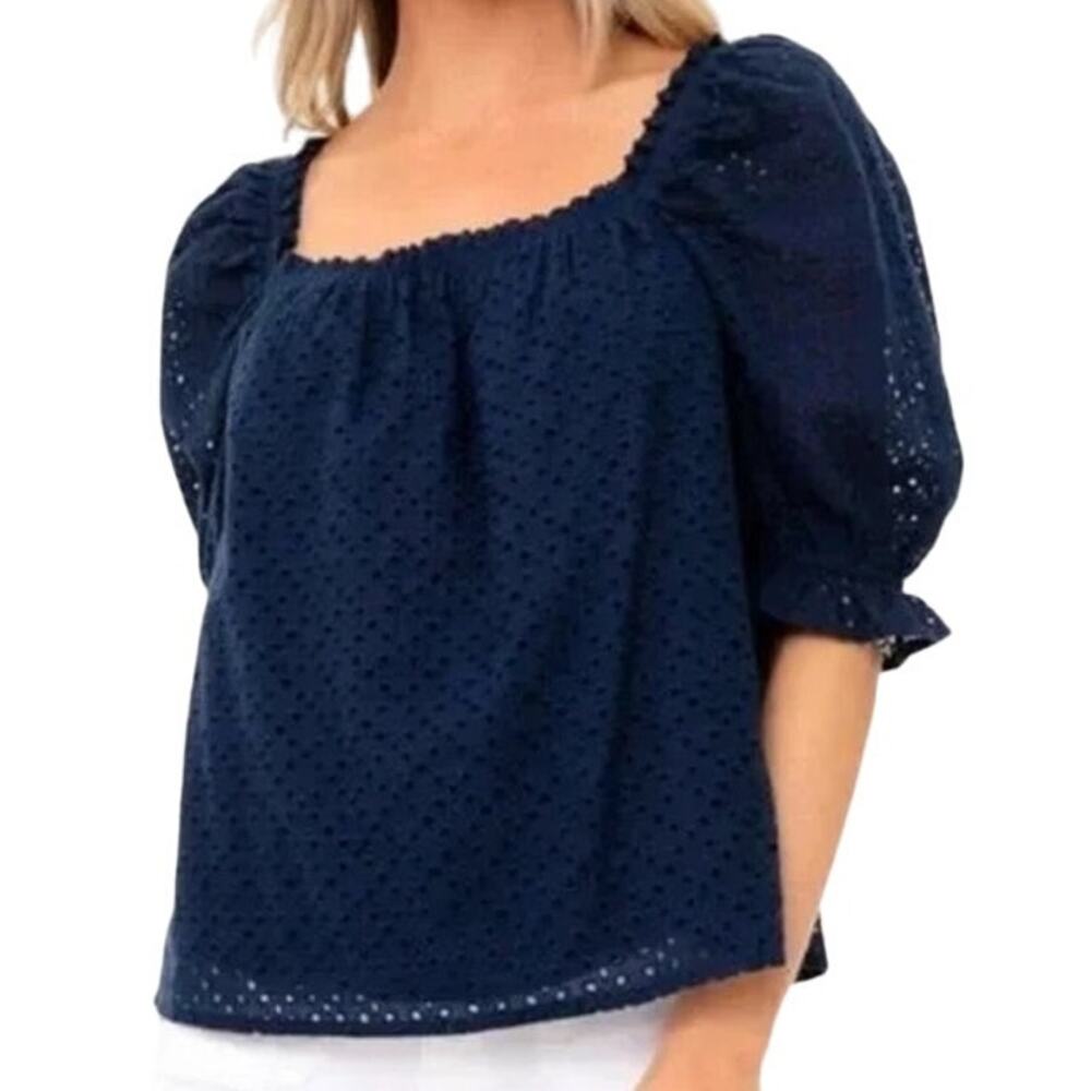 Pomander‎ Place Tuckernuck Women's Navy Blue Eyelet Iris Blouse Size XS